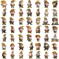 Contact sheet showing 49 yellow and brown harvest gnome clipart characters in watercolor style, suitable for activity books and low content KDP publishing.