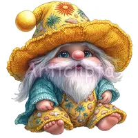 Cute watercolor baby gnome sitting in a yellow tropical outfit with seashells. Adorable summer fantasy character for vacation planners. Commercial use transparent PNG.