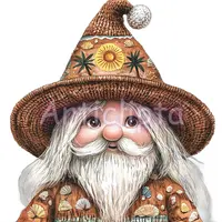 Portrait of a watercolor gnome wearing a brown sun hat with palm tree motifs. Summer beach fantasy character for t-shirt sublimation. Transparent background PNG.