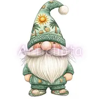 Watercolor summer gnome wearing a tall green hat depicting a beach scene with palm trees. Tropical vacation fantasy character for scrapbooking. Isolated PNG.