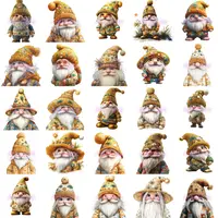 Assortment of 25 watercolor beach gnomes in orange and yellow clothing with tropical print patterns. High-quality transparent PNGs for activity books and low content KDP.