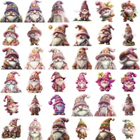 Variety grid showing 36 charming beach gnomes dressed in pink and magenta tropical clothing with textured knit hats. Isolated PNGs for digital stickers and crafting.
