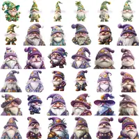 Grid view of 36 cute beach gnomes featuring purple clothing, knitted sun hats, and white beards in a watercolor style. Perfect for digital planner layouts and greeting cards.