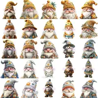 Grid view of 25 cute beach gnomes with yellow and orange sun hats decorated with sunflowers and palm trees. Perfect for digital scrapbooking and planner stickers.