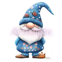 Blue knitted gnome illustration wearing a polka dot hat with red roses. Whimsical floral character clipart for Mother's Day mugs and shirt designs.