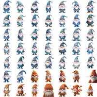 Large collection of blue and orange floral gnomes with rose embellishments. Full collection preview for digital scrapbooking and planner stickers. Commercial use PNGs.