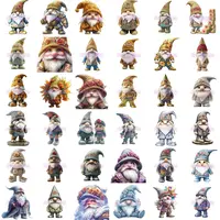 Full mega bundle collection preview showing 36 watercolor gnomes in a grid, featuring blue, yellow, and rustic tones, all with flower hats. Diverse assortment perfect for educational resources and printable stickers.