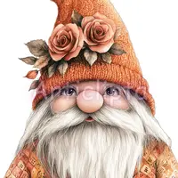 Orange knitted gnome illustration adorned with two large roses on the hat. Textured floral character perfect for autumn decor or Mother's Day crafts.