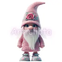 Pink knitted female gnome illustration with a large rose on the hat. Cute textured character clipart for Mother's Day cards and sublimation designs.
