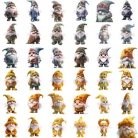 Extensive grid view showing 36 unique watercolor gnomes in blue, grey, and yellow colors, adorned with flowers and roses. Full collection assortment of poses. High-quality isolated PNGs for sublimation.