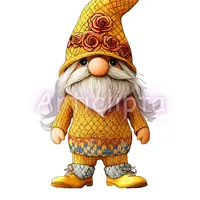 Bright yellow knitted gnome featuring a ring of roses on the hat. Cheerful floral character clipart ideal for spring teaching resources and decor.