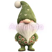 Green crochet gnome illustration with heart motifs on hat and body. Cute love-themed character clipart for digital planners and greeting cards.