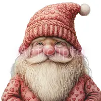 Detailed pink knitted gnome with textured heart hat and long flowing beard. Romantic character illustration for Valentine's Day sublimation projects.