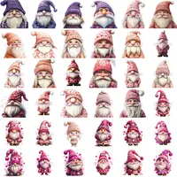 Assortment of 36 watercolor Valentines Day gnomes in pink, purple, and red tones. Grid view showing a variety of poses and knitted hats with heart patterns. Isolated transparent PNGs for sublimation.