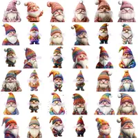 Large grid view showing 36 vibrant watercolor Valentines Day gnomes with rainbow-colored hats and clothes. Variety of joyful poses and dynamic designs suitable for educational resources. Commercial use PNGs.