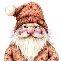 Rustic brown knitted gnome with subtle red hearts on the hat. Cozy Valentine's Day character clipart for vintage style cards and scrapbooking.