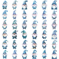 Full collection preview of 36 light blue watercolor Valentines Day gnomes with hearts on their hats. Grid view showing variety of poses and styles. High-quality isolated PNGs for sublimation.