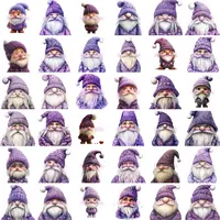 Watercolor Valentines Gnomes Bundle grid view featuring 36 purple and lilac gnomes with various knitted hat styles. High-quality isolated PNGs suitable for commercial use.