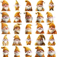 Collection preview of 25 watercolor Valentines Day gnomes in warm yellow and orange colors. Grid view showing diverse bearded characters with textured heart-patterned hats. High-quality transparent PNGs.
