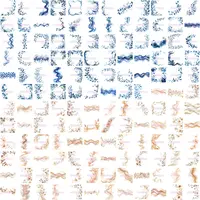 Collection of Blue and Earthy Watercolor Wavy Borders with botanical accents. Grid view of diverse abstract flow designs and foliage frames for commercial use PNGs.
