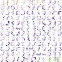 Collection of Purple and Green Floral watercolor borders and wavy accents. Preview grid of lavender-toned flowers and leaves for digital scrapbooking and sublimation.