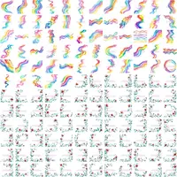 Large collection of Rainbow wavy lines and red floral corner borders. Full preview of colorful watercolor design elements for educational resources and classroom decor.