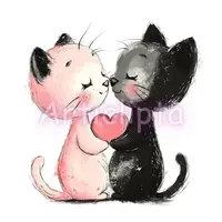 Pink and grey cats touching noses and holding a pink heart between them. Romantic kitten couple clipart for Valentines Day crafts. Love theme isolated PNG.