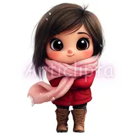 Cute chibi girl with big eyes wearing a red coat and pink scarf. Winter character clipart for planner stickers and holiday cards. Transparent PNG.