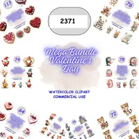 Mega Bundle Valentine's Day Clipart collection preview. Grid view showing variety of bears, gnomes, hedgehogs, and hearts. Perfect for stickers, scrapbooking and planner layouts.