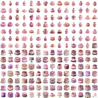 Grid view showing a diverse assortment of watercolor pink and pastel-colored cakes, layered desserts, and frosted cupcakes with sprinkles and fruit toppings. Excellent for planners, classroom decor, and printable resources.