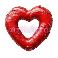 Red heart shaped donut with thick frosting texture. Delicious Valentines Day treat clipart for greeting cards and digital planners. Sweet food isolated PNG.