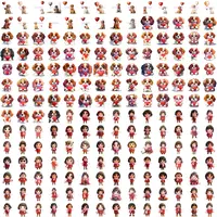 Valentine's Day Mega Clipart Bundle grid view showing a large assortment of cute Cavalier King Charles Spaniel puppies with hearts and small watercolor girl doll illustrations. Perfect for educational resources.
