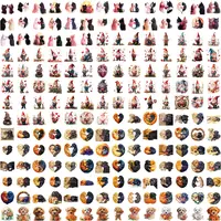 Valentine's Day Mega Clipart Bundle grid view featuring black and pink cat silhouettes, romantic gnomes, and puppies embracing in heart shapes. Assortment of romantic elements for classroom decor.