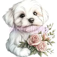 Fluffy white puppy holding a bouquet of pink roses. Cute dog clipart for Valentines Day gifts and t-shirt sublimation. Adorable pet isolated PNG.