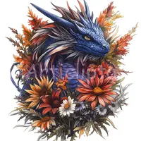 Detailed watercolor blue dragon portrait surrounded by sunflowers and autumn leaves. Fantasy creature illustration. Transparent PNG for POD and scrapbooking.