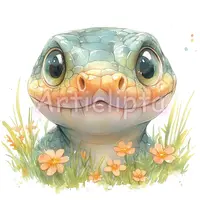 Adorable watercolor snake head peeking through grass and orange flowers. Cute reptile illustration. Digital file for nursery decor and planner stickers.