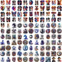 Full collection preview of watercolor clipart featuring vibrant, colorful Australian Shepherd dogs and fantasy dragons with floral and natural elements. Grid view showing diversity in styles and poses. Ideal for t-shirt sublimation.