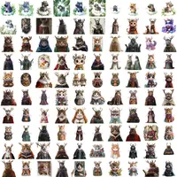 Full collection preview of watercolor clipart featuring fantasy cat-like creatures with deer antlers and royal robes, alongside whimsical hippos in crowns. Grid view showing variety of outfits and characters. High-quality isolated PNGs for sublimation.