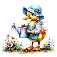 Whimsical watercolor duckling wearing blue hat and apron holding a silver watering can. Farm animal illustration. Printable asset for spring greeting cards.