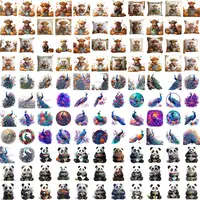 Grid view of the animal collection featuring cute Highland cow pillows with pumpkins, vibrant watercolor peacocks with spread feathers, and adorable sitting panda bears. Commercial use PNGs for educational resources.