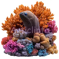 Watercolor moray eel emerging from vibrant orange coral reef. Marine life illustration. High quality isolated PNG for educational resources and sublimation.