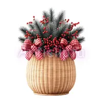 Watercolor wicker basket arrangement filled with evergreen pine branches red berries and gingham bows. Rustic holiday floral clipart for decor.