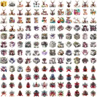 Watercolor Christmas Mega Bundle full collection preview featuring rows of stylized deer, wrapped Christmas presents with ribbons, and pine cones in various colors. Grid view showing variety of holiday nature and gift elements. Great for sublimation.