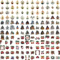 Watercolor Christmas Mega Bundle full collection preview featuring rows of glass ornaments with winter scenes, stone fireplaces, and festive red jingle bells. Grid view showcasing variety of decorative elements for scrapbooking.