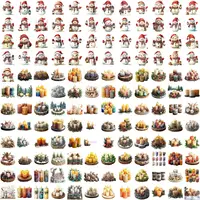 Watercolor Christmas Mega Bundle full collection preview featuring rows of cute snowmen in hats and scarves, alongside various Christmas scented candles and festive candle arrangements. Grid view showing variety of holiday decor. High quality commercial use PNGs.