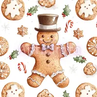 Watercolor gingerbread man wearing a top hat and bow tie surrounded by cookies and holly. Festive holiday baking element for digital paper and crafts.