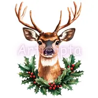 Watercolor deer head portrait featuring large antlers and a festive holly berry wreath. Woodland animal Christmas clipart for rustic home decor.