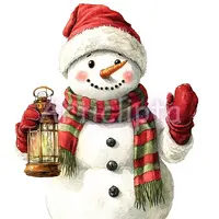 Watercolor cheerful snowman holding a vintage lantern and wearing a red striped scarf. Classic winter character clipart for sublimation and cards.