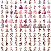 Detailed grid view of Watercolor Santa Claus, Elves, and Husky Dog Clipart in various cute poses. Full collection preview of high-quality isolated PNGs for holiday digital products and planner layouts.