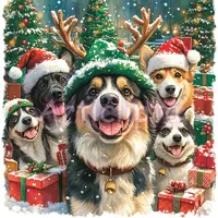 Watercolor group of dogs including Border Collie Corgi and Husky wearing Christmas hats amidst gifts. Cute holiday puppies clipart for POD lovers.